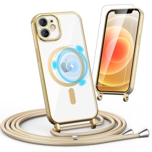 Noyabox HandyKette für iPhone 12/12 Pro Hülle mit Band, 1* Schutzfolie Magnetische Handyhülle für iPhone 12/12 Pro Necklace Schnur Schutzhülle mit Kordel zum Umhängen Case, Golden von Noyabox