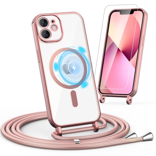 Noyabox HandyKette für iPhone 12/12 Pro Hülle mit Band, 1* Schutzfolie Magnetische Handyhülle für iPhone 12/12 Pro Necklace Schnur Schutzhülle mit Kordel zum Umhängen Case, Rosa von Noyabox