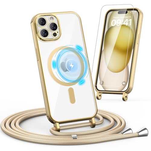 Noyabox HandyKette für iPhone 12 Pro Max Hülle mit Band, 1* Schutzfolie Magnetische Handyhülle für iPhone 12 Pro Max Necklace Schnur Schutzhülle mit Kordel zum Umhängen Case, Golden von Noyabox