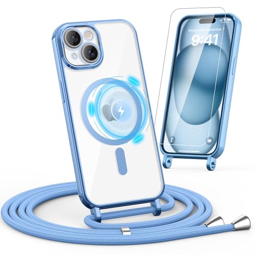 Noyabox HandyKette für iPhone 13/14 Hülle mit Band, 1* Schutzfolie Magnetische Handyhülle für iPhone 13/14 Necklace Schnur Schutzhülle mit Kordel zum Umhängen Case, Blau von Noyabox