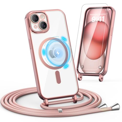 Noyabox HandyKette für iPhone 13/14 Hülle mit Band, 1* Schutzfolie Magnetische Handyhülle für iPhone 13/14 Necklace Schnur Schutzhülle mit Kordel zum Umhängen Case, Rosa von Noyabox