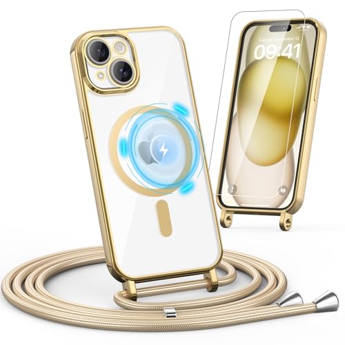 Noyabox HandyKette für iPhone 15 Hülle mit Band, 1* Schutzfolie Magnetische Handyhülle für iPhone 15 Necklace Schnur Schutzhülle mit Kordel zum Umhängen Case, Golden von Noyabox