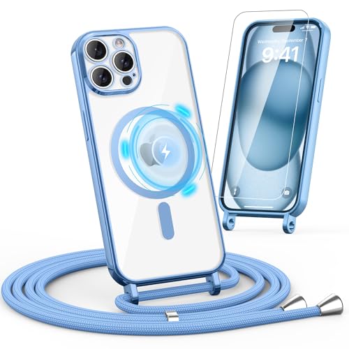 Noyabox HandyKette für iPhone 15 Pro Hülle mit Band, 1* Schutzfolie Magnetische Handyhülle für iPhone 15 Pro Necklace Schnur Schutzhülle mit Kordel zum Umhängen Case, Blau von Noyabox