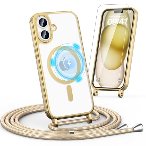 Noyabox HandyKette für iPhone 16 Hülle mit Band, 1* Schutzfolie Magnetische Handyhülle für iPhone 16 Necklace Schnur Schutzhülle mit Kordel zum Umhängen Case, Golden von Noyabox