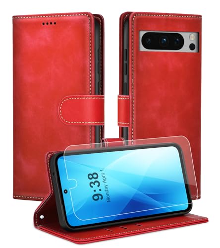 Noyabox Handyhülle für Google Pixel 9/9 Pro [Exklusive Textur] Klapphülle：1*Schutzfolie & 3*Kartenfach, Standfunktion Klappbar Stoßfeste Lederhülle Hülle Flip Case, Rot von Noyabox