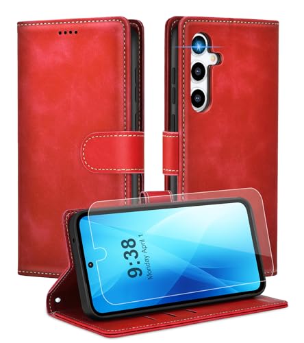 Noyabox Handyhülle für Samsung Galaxy A55 [Exklusive Textur] Klapphülle：1*Schutzfolie & 3*Kartenfach, Standfunktion Klappbar Stoßfeste Lederhülle Hülle Flip Case, Rot von Noyabox