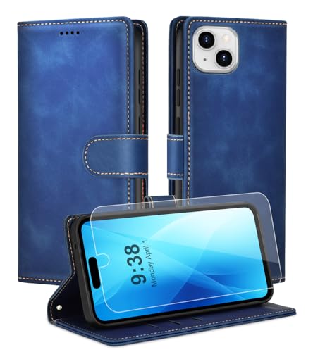 Noyabox Handyhülle für iPhone 15 [Exklusive Textur] Klapphülle：1*Schutzfolie & 3*Kartenfach, Standfunktion Klappbar Stoßfeste Lederhülle Hülle Flip Case, Blau von Noyabox