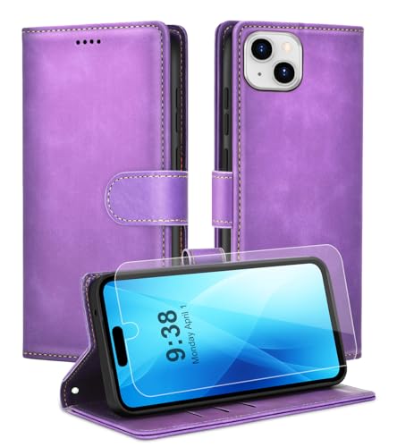 Noyabox Handyhülle für iPhone 15 [Exklusive Textur] Klapphülle：1*Schutzfolie & 3*Kartenfach, Standfunktion Klappbar Stoßfeste Lederhülle Hülle Flip Case, Lila von Noyabox