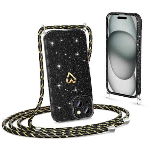 Noyabox Handykette für iPhone 15 Hülle mit Band, Glitzer Handyhülle zum Umhängen Weich Elastische Silikon TPU Schutzhülle mit Schimmer Herz Muster Abnehmbare Kordel Stoßfest, Schwarz Noyabox Handykette für iPhone 15 Hülle mit Band, Glitzer Handyhülle zum Umhängen Weich Elastische Silikon TPU Schutzhülle mit Schimmer Herz Muster Abnehmbare Kordel Stoßfest, Schwarz von Noyabox