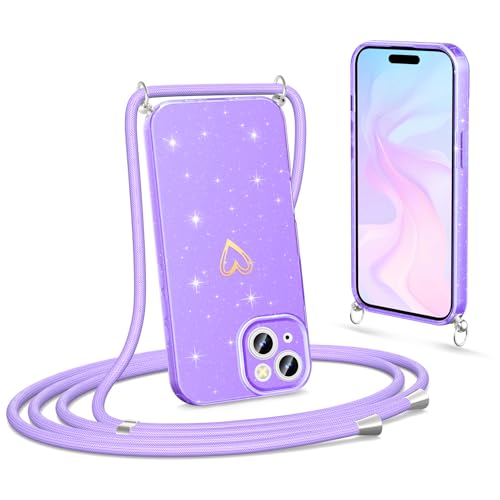 Noyabox Handykette für iPhone 15 Hülle mit Band, Glitzer Handyhülle zum Umhängen Weich Elastische Silikon TPU Schutzhülle mit Schimmer Herz Muster Abnehmbare Kordel Stoßfest, Lila Noyabox Handykette für iPhone 15 Hülle mit Band, Glitzer Handyhülle zum Umhängen Weich Elastische Silikon TPU Schutzhülle mit Schimmer Herz Muster Abnehmbare Kordel Stoßfest, Lila von Noyabox