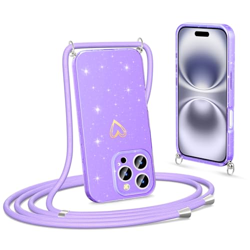 Noyabox Handykette für iPhone 16 Pro Max Hülle mit Band, Glitzer Handyhülle zum Umhängen Weich Elastische Silikon TPU Schutzhülle mit Schimmer Herz Muster Abnehmbare Kordel Stoßfest, Lila Noyabox Handykette für iPhone 16 Pro Max Hülle mit Band, Glitzer Handyhülle zum Umhängen Weich Elastische Silikon TPU Schutzhülle mit Schimmer Herz Muster Abnehmbare Kordel Stoßfest, Lila von Noyabox