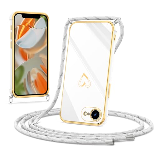 Noyabox Hülle mit Band für iPhone 16e, Silikon Handyhülle mit Handykette Galvanisiertes Herz Love Design Stoßfest mit Kameraschutz Elegant für Frauen und Mädchen, Weiße von Noyabox