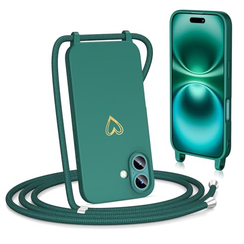 Noyabox für iPhone 16 Handyhülle mit Band, Goldenem Herz Silikon zum Umhängen Handykette mit Abnehmbarer Kordel Halskettenhülle Stoßfest mit Kameraschutz, Grün Noyabox für iPhone 16 Handyhülle mit Band, Goldenem Herz Silikon zum Umhängen Handykette mit Abnehmbarer Kordel Halskettenhülle Stoßfest mit Kameraschutz, Grün von Noyabox