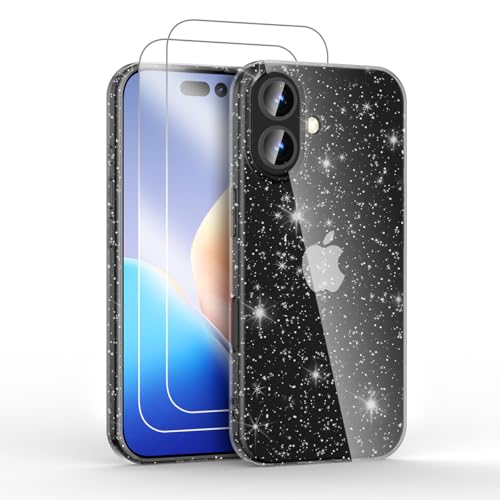 Noyabox für iPhone 16 Transparent Glitzer Hülle mit 2 Panzergläsern, Handyhülle Silikon Funkelnd Weich Leicht Kratzerfest TPU Case, Schwarz Noyabox für iPhone 16 Transparent Glitzer Hülle mit 2 Panzergläsern, Handyhülle Silikon Funkelnd Weich Leicht Kratzerfest TPU Case, Schwarz von Noyabox