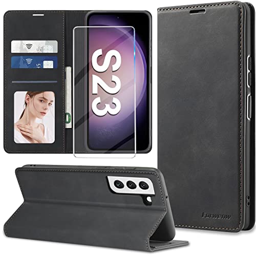 【2023 𝐍𝐄𝐖】Handyhülle für Samsung Galaxy S23 Hülle Leder mit Schutzfolie [3 Kartenfächer] Klapphülle für Samsung Galaxy S23 5G Hülle Leder Flip Wallet Klappbar Stoßfest Case für Samsung S23 5G Hülle von Nshkeji