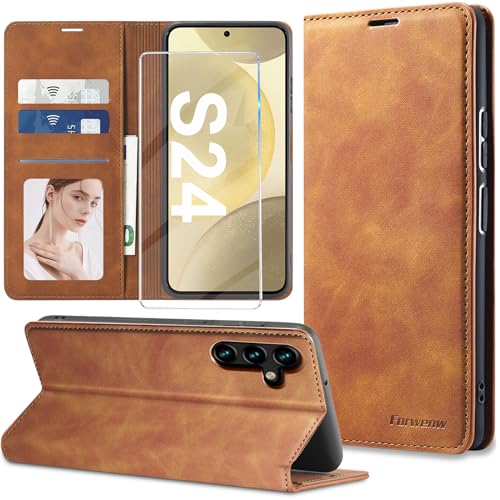 2024 Neu Handyhülle für Samsung Galaxy S24 Hülle Leder mit Schutzfolie [3 Kartenfächer] Klapphülle für Samsung Galaxy S24 5G Hülle Leder Wallet Klappbar Stoßfest Cover Case für Samsung S24 5G Hülle von Nshkeji