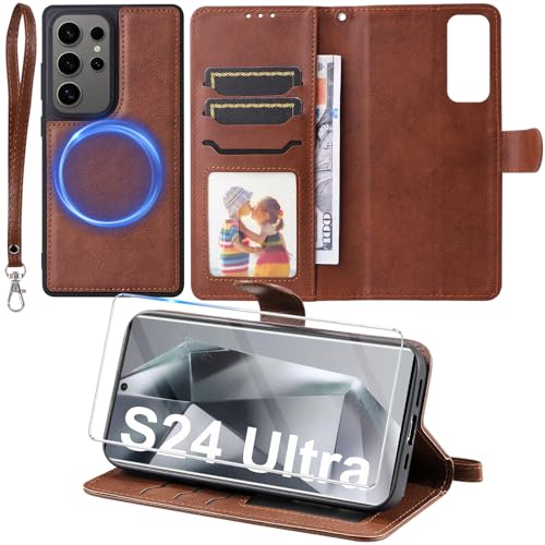 Galaxy S24 Ultra Hülle (2in1) Leder magnetische Klapphülle, Mit Schutzfolie, Kabelloses Laden Case, Abnehmbare magnetische Hülle, Stoßfestes Cover RFID Schutzhülle Etui für Samsung S24 Ultra 5G Hülle von Nshkeji