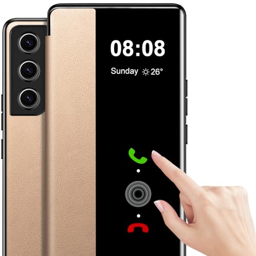 Handyhülle für Samsung Galaxy S21 5G Hülle Clear View [Touchscreen View] für Samsung Galaxy S21 Hülle Weiche View Flip Extra-Dünn Leder Stoßfest Schutzhülle Case für S21 5G Hülle Clear View (Gold) von Nshkeji