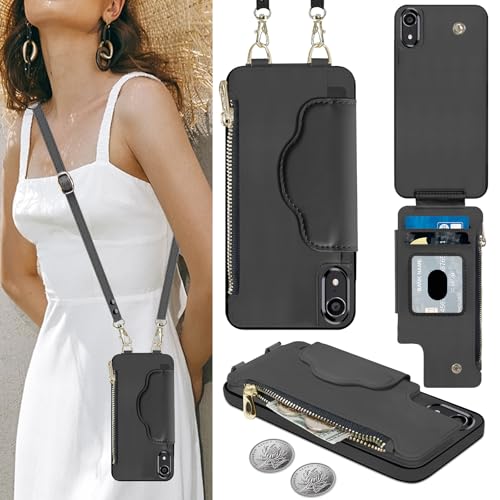Nshkeji Handyhülle für iPhone XR Etui mit Kartenfach, iPhone XR Hülle mit Verstellbarer Halskette, iPhone XR Handytasche mit Reißverschluss Geldbörse, Leder Hülle mit Band (6,1 Zoll) von Nshkeji