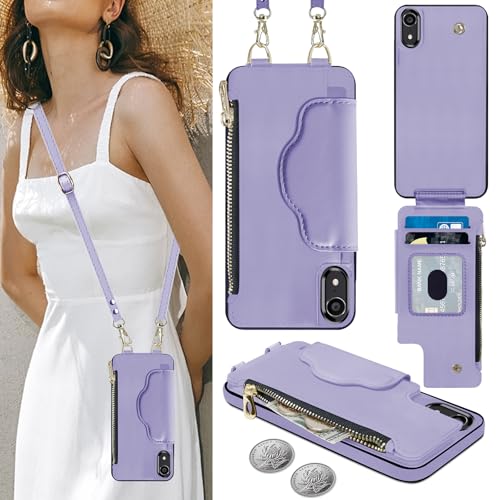 Nshkeji Handyhülle für iPhone XR Etui mit Kartenfach, iPhone XR Hülle mit Verstellbarer Halskette, iPhone XR Handytasche mit Reißverschluss Geldbörse, Leder Hülle mit Band (6,1 Zoll) von Nshkeji