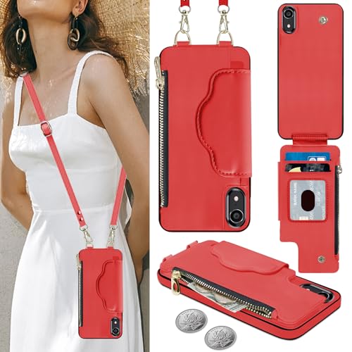 Nshkeji Handyhülle für iPhone XS/iPhone X Etui mit Kartenfach, iPhone XS Hülle mit Verstellbarer Halskette, iPhone X Handytasche mit Reißverschluss Geldbörse, Leder Hülle mit Band (5,8 Zoll) von Nshkeji