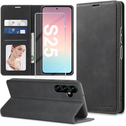 Schutzhülle für Samsung Galaxy S25 5G Leder Brieftasche [mit gehärtetem Glas] Cover Galaxy S25 Premium Leder im Bookstyle Brieftasche Flip, Kartenschlitz, Ständer, RFID Blocking Wallet für Samsung S25 von Nshkeji