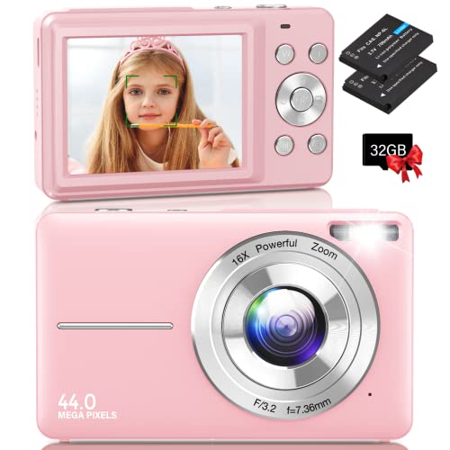 Digitalkamera, Nsoela Fotokamera Kompaktkamera mit 32GB Karte 44MP Fotoapparat 1080P HD Vlogging Kamera LCD-Bildschirm 16X Digitalzoom & 2 Batterien für Teenager,Anfänger, Jungen, Mädchen（Rosa） von Nsoela
