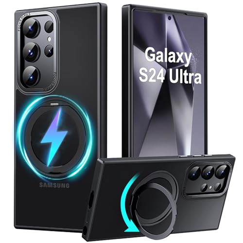für Samsung Galaxy S24 Ultra Hülle 5G mit Magnet Ständer, [Kompatibel mit Kabelloses Laden][360° Drehbarer Ringhalter], Matte Durchscheinend Stoßfeste Handyhülle für Galaxy S24 Ultra 6.8"(Schwarz) von Nspiel