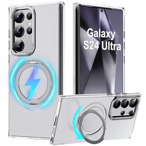 für Samsung Galaxy S24 Ultra Hülle 5G mit Magnet Ständer, [Kompatibel mit Kabelloses Laden][360° Drehbarer Ringhalter], Matte Transparente Durchscheinend Stoßfeste Handyhülle für Galaxy S24 Ultra 6.8" von Nspiel