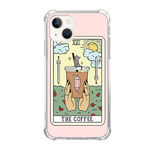 Nsydnbly Kaffee Tarot Karten Hülle Kompatibel mit iPhone 14, Kaffeetasse Sonne Blumen Katze Tarot Karte Hülle für iPhone 14, Trendy Cool TPU Case Cover von Nsydnbly