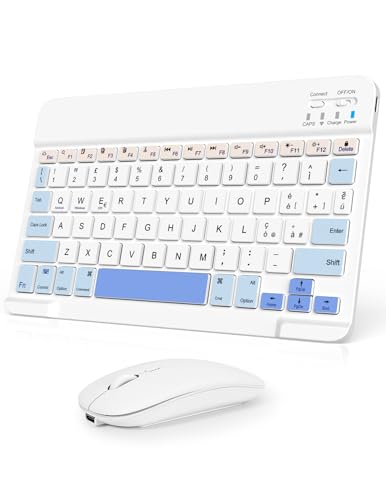 Nsyee Kabellose Tastatur und Maus, Bluetooth-Tastatur, Tablet, tragbar, dünn, wiederaufladbar, universell für iPad/Tablet/PC/iOS/Android/Windows/Samsung Tab/Lenovo, italienisches Layout (Weiß und Blau von Nsyee