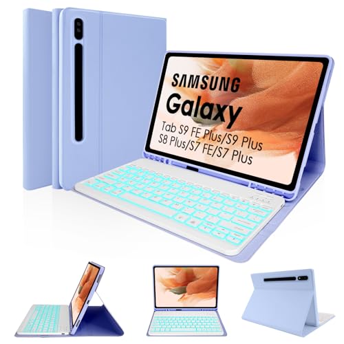 Nsyee Tastaturhülle mit Hintergrundbeleuchtung für Samsung Galaxy Tab S10+ Plus/S9 FE+/S9+/S8+/S7+/S7 FE, abnehmbare Bluetooth-Tastatur für Samsung Tab 12,5 Zoll, Violett von Nsyee