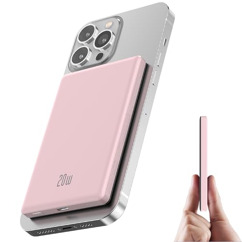 Ultra Slim iPhone Powerbank für Magsafe, Ntaanoo Magnetische Power Bank Induktives Laden 5000mAh, 20W Schnellladung Wireless Externe Handyakkus Kabelloses Akkupack für iPhone 16/15/14/13/12, Rosa von Ntaanoo