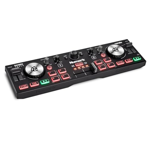Numark DJ2GO2 Touch – Mini DJ Controller für unterwegs - 2-Deck USB DJ Pult mit Audio Interface und kapazitativen Jogwheels, 4 Pad Modi; Software enthalten von Numark