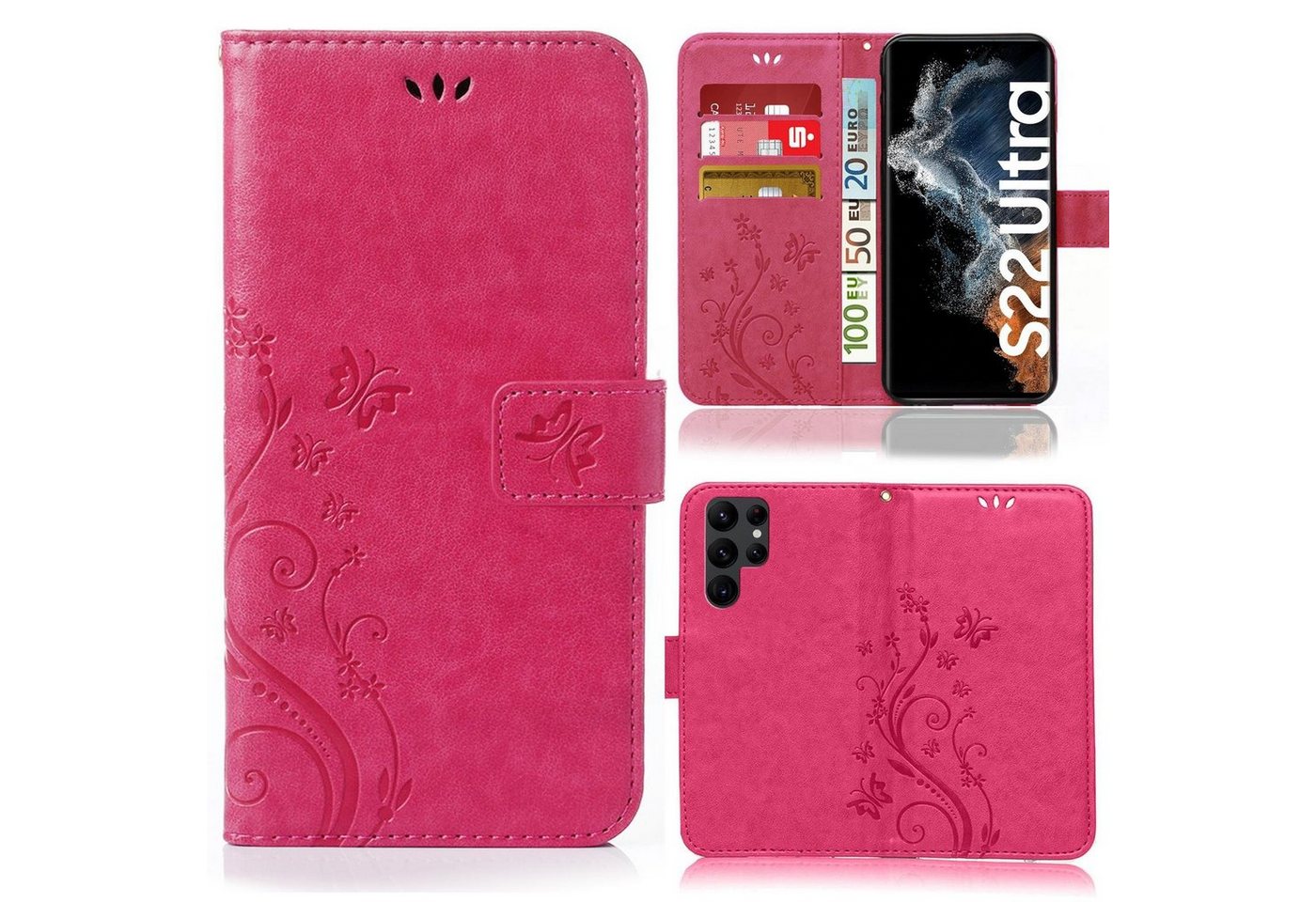 Numerva Handyhülle Bookstyle Flower für Samsung Galaxy S22 Ultra, Handy Tasche Schutzhülle Klapphülle Flip Cover mit Blumenmuster von Numerva