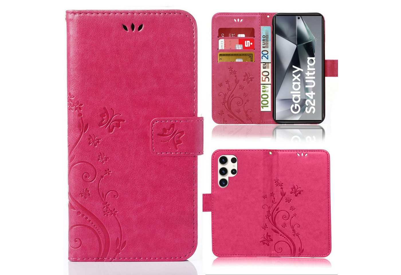 Numerva Handyhülle Bookstyle Flower für Samsung Galaxy S24 Ultra, Handy Tasche Schutzhülle Klapphülle Flip Cover mit Blumenmuster von Numerva