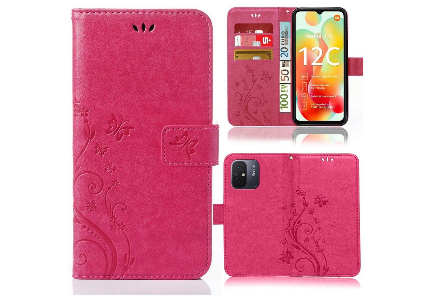 Numerva Handyhülle Bookstyle Flower für Xiaomi Redmi 12C, Handy Tasche Schutzhülle Klapphülle Flip Cover mit Blumenmuster von Numerva