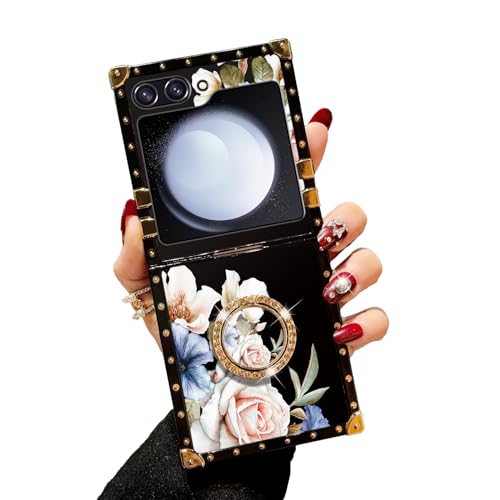 Nuouxoco Schutzhülle für Samsung Galaxy Z Flip 5, quadratisches Design, goldene Ecken, klassisch, Retro, weiche TPU-Schutzhülle mit Ringhalterung, Autohalterung, schwarze Blume von Nuouxoco