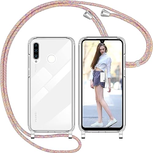 Nupcknn Handykette Hülle für Huawei P30 Lite Hülle TPU Bumper+PC Back Necklace(abnehmbar) Transparent Hülle mit Kordel zum Umhängen Handy Schutzhülle mit Band (Regenbogen) von Nupcknn