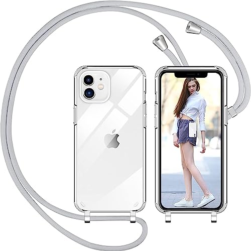 Nupcknn Handykette Hülle für iPhone 12 Mini Hülle TPU Bumper+PC Back Necklace(abnehmbar) Transparent Hülle mit Kordel zum Umhängen Handy Schutzhülle mit Band (Grau) von Nupcknn