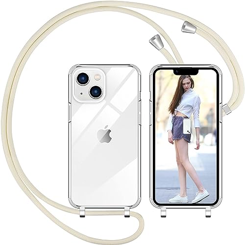 Nupcknn Handykette Hülle für iPhone 14 Hülle TPU Bumper+PC Back Necklace(abnehmbar) Transparent Hülle mit Kordel zum Umhängen Handy Schutzhülle mit Band(Beige,6.1") von Nupcknn