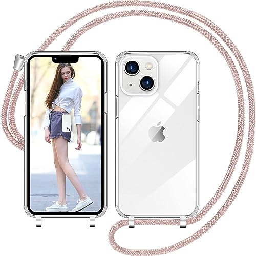 Nupcknn Handykette Hülle für iPhone 14 Plus Hülle TPU Bumper+PC Back Necklace(abnehmbar) Transparent Hülle mit Kordel zum Umhängen Handy Schutzhülle mit Band(Rosegold,6.7") von Nupcknn