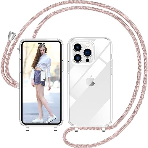 Nupcknn Handykette Hülle für iPhone 14 Pro Hülle TPU Bumper+PC Back Necklace(abnehmbar) Transparent Hülle mit Kordel zum Umhängen Handy Schutzhülle mit Band(Rosegold,6.1") von Nupcknn