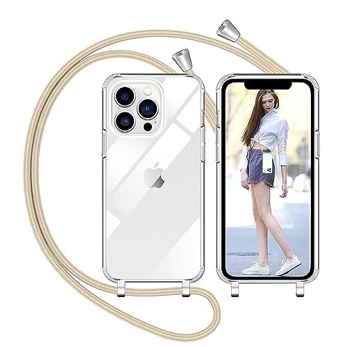 Nupcknn Handykette Hülle für iPhone 14 Pro Max Hülle TPU Bumper+PC Back Necklace(abnehmbar) Transparent Hülle mit Kordel zum Umhängen Handy Schutzhülle mit Band (Golden) von Nupcknn