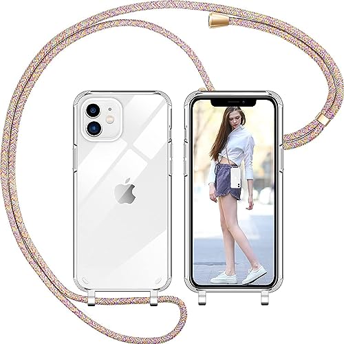 Nupcknn Handykette für iPhone 12/12 Pro Hülle mit Band,Dünn Transparent Handyhülle (Abnehmbar Einstellbar) Necklace mit Kordel zum Umhängen Kameraschutz Handy Kette Stossfest Schutzhülle(Regenbogen) von Nupcknn