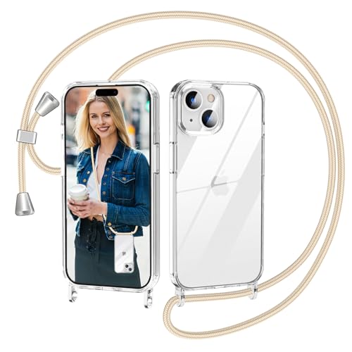 Nupcknn Handykette für iPhone 15 Plus Hülle mit Band,Dünn Transparent Handyhülle (Abnehmbar Einstellbar) Necklace mit Kordel zum Umhängen Kameraschutz Handy Kette Stossfest Schutzhülle(1.6M,Gold) von Nupcknn