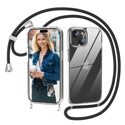 Nupcknn Handykette für iPhone 15 Plus Hülle mit Band,Dünn Transparent Handyhülle (Abnehmbar Einstellbar) Necklace mit Kordel zum Umhängen Kameraschutz Handy Kette Stossfest Schutzhülle(1.6M,Schwarz) von Nupcknn