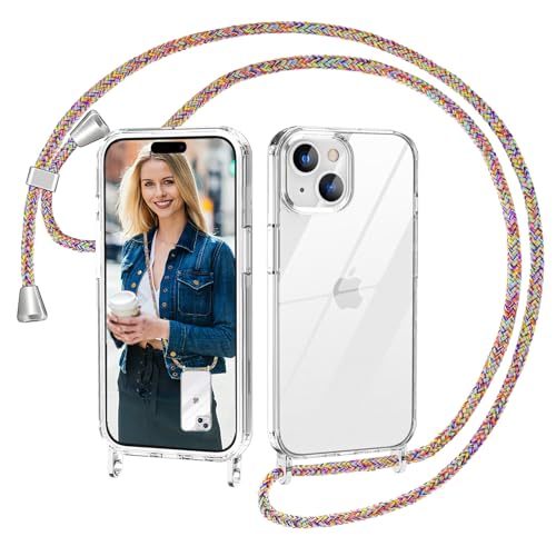 Nupcknn Handykette für iPhone 15 Plus Hülle mit Band,Dünn Transparent Handyhülle (Abnehmbar Einstellbar) Necklace mit Kordel zum Umhängen Kameraschutz Handy Kette Stossfest Schutzhülle(1.6M,Regenbogen von Nupcknn