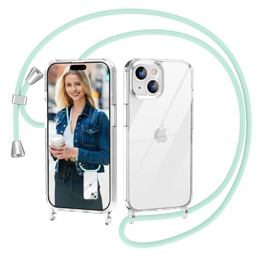 Nupcknn Handykette für iPhone 15 Plus Hülle mit Band,Ultra Dünn Transparent Handyhülle (Abnehmbar Einstellbar) Necklace mit Kordel zum Umhängen Kameraschutz Handy Kette Stossfest Schutzhülle(1.6M,Grün von Nupcknn