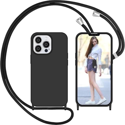 Nupcknn Liquid Silicone Handykette für iPhone 15 Pro Hülle mit Band, Handyhülle (Abnehmbar Einstellbar) Necklace mit Kordel zum Umhängen Handy Kette Kratzfestes Stossfest Schutzhülle(1.6M,Schwarz) von Nupcknn